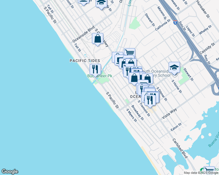 map of restaurants, bars, coffee shops, grocery stores, and more near 1625 South Pacific Street in Oceanside