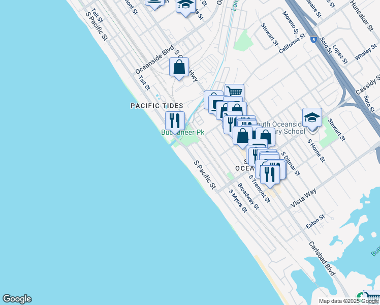 map of restaurants, bars, coffee shops, grocery stores, and more near 1625 South Pacific Street in Oceanside