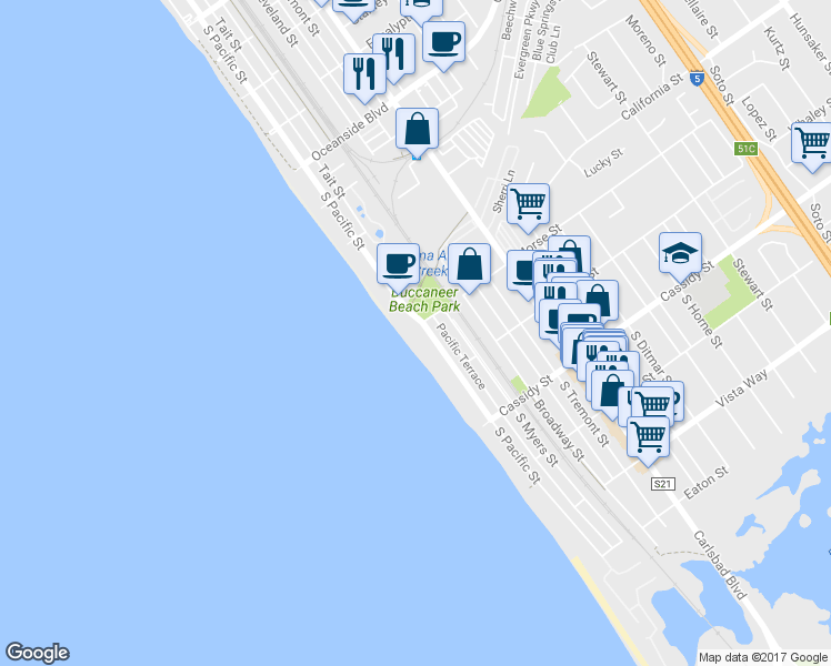 map of restaurants, bars, coffee shops, grocery stores, and more near 1601 South Pacific Street in Oceanside