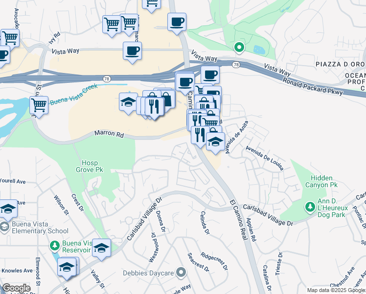 map of restaurants, bars, coffee shops, grocery stores, and more near 2360 Hosp Way in Carlsbad