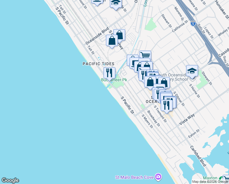 map of restaurants, bars, coffee shops, grocery stores, and more near 1601 South Pacific Street in Oceanside