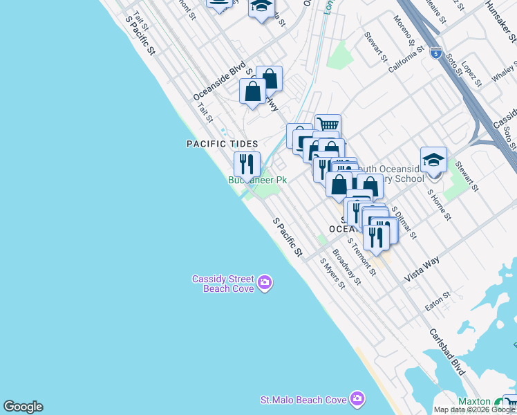 map of restaurants, bars, coffee shops, grocery stores, and more near 1601 South Pacific Street in Oceanside
