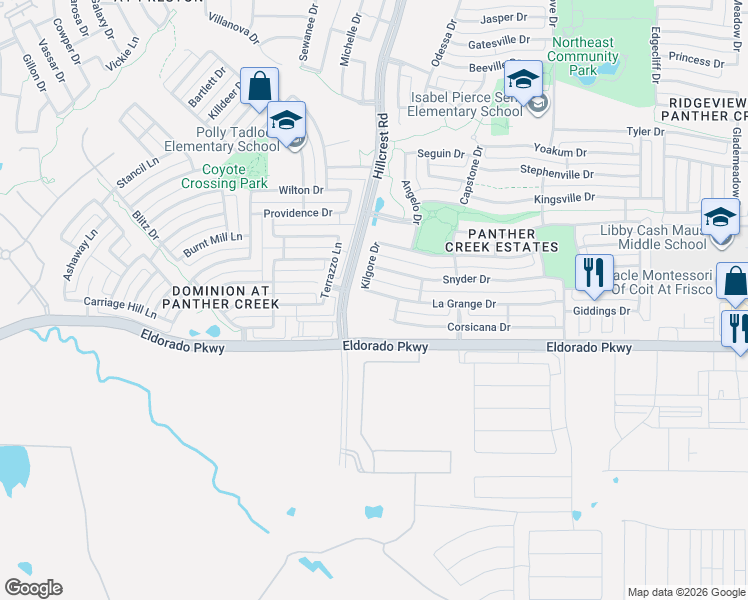 map of restaurants, bars, coffee shops, grocery stores, and more near 11000 Eldorado Parkway in Frisco