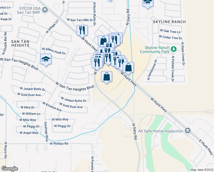 map of restaurants, bars, coffee shops, grocery stores, and more near 1725 West Hunt Highway in San Tan Valley