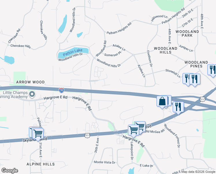 map of restaurants, bars, coffee shops, grocery stores, and more near 3807 Sheffield Court in Tuscaloosa
