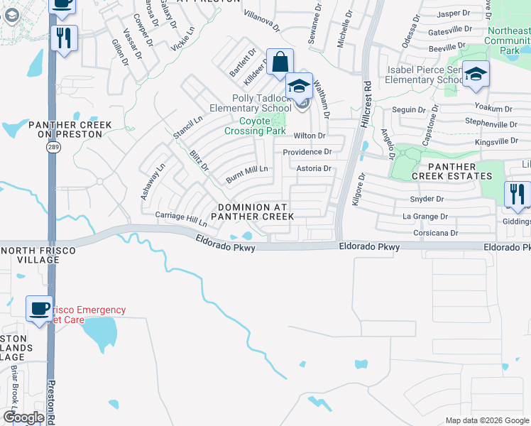 map of restaurants, bars, coffee shops, grocery stores, and more near 10311 Coach House Lane in Frisco