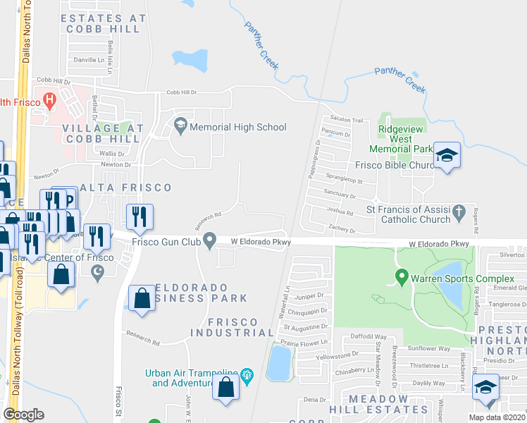map of restaurants, bars, coffee shops, grocery stores, and more near 11900 Research Road in Frisco