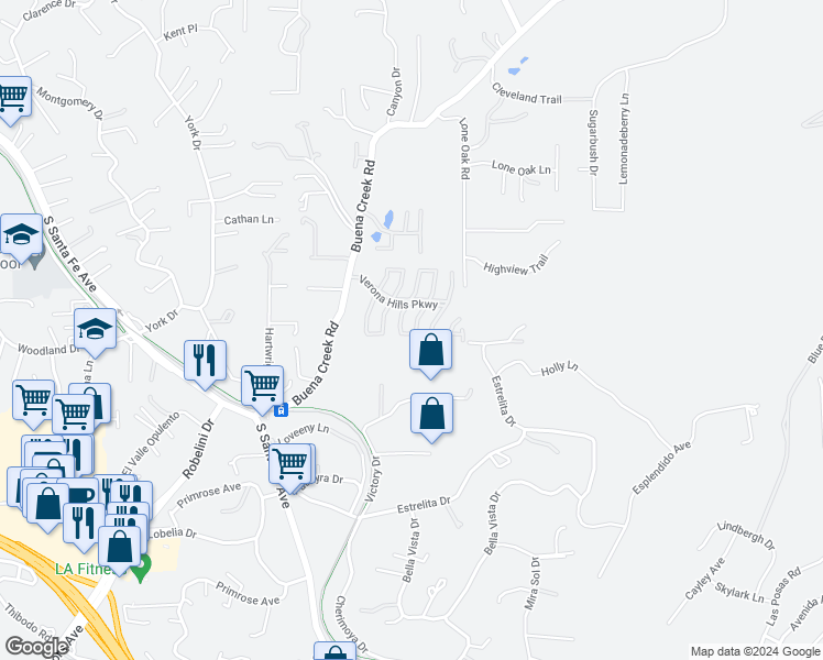 map of restaurants, bars, coffee shops, grocery stores, and more near 2123 Fiori Drive in Vista