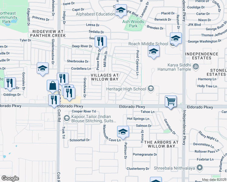 map of restaurants, bars, coffee shops, grocery stores, and more near 13352 Deercreek Trail in Frisco