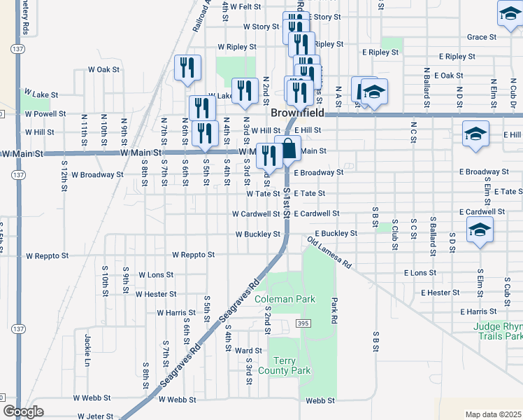 map of restaurants, bars, coffee shops, grocery stores, and more near 400-498 S 2nd St in Brownfield