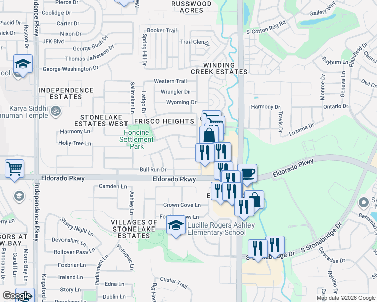 map of restaurants, bars, coffee shops, grocery stores, and more near 15733 Scenic Road in Frisco