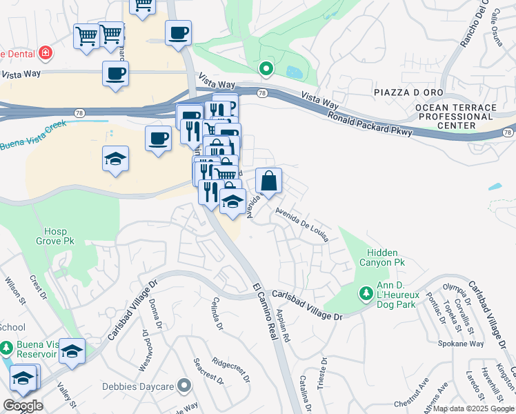 map of restaurants, bars, coffee shops, grocery stores, and more near 2505 Via Astuto in Carlsbad