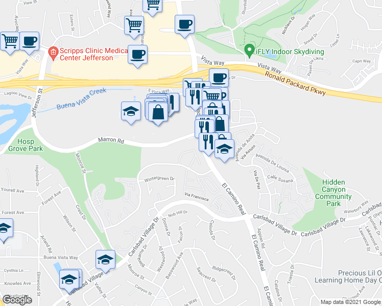 map of restaurants, bars, coffee shops, grocery stores, and more near 2350 Hosp Way in Carlsbad