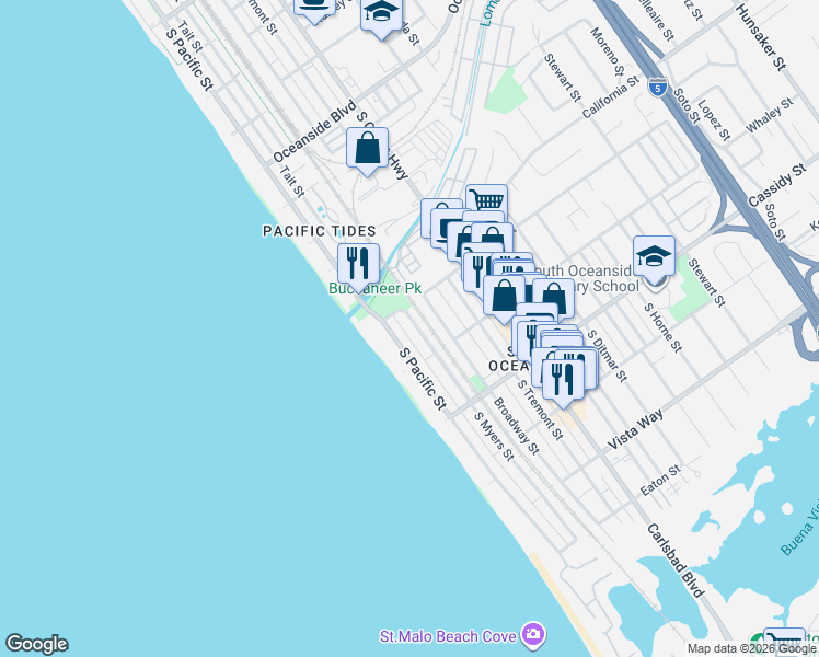 map of restaurants, bars, coffee shops, grocery stores, and more near 1625 South Pacific Street in Oceanside