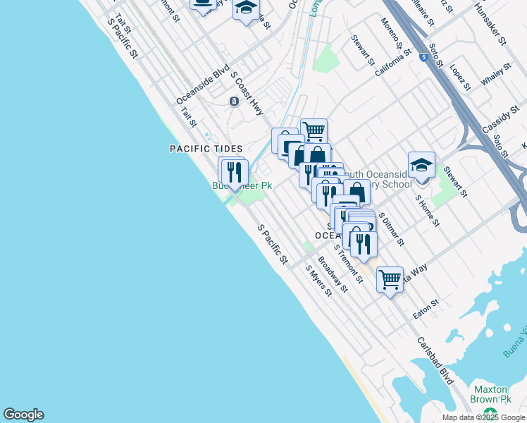 map of restaurants, bars, coffee shops, grocery stores, and more near 1625 South Pacific Street in Oceanside