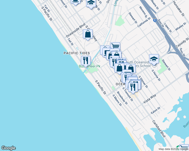 map of restaurants, bars, coffee shops, grocery stores, and more near 1625 South Pacific Street in Oceanside