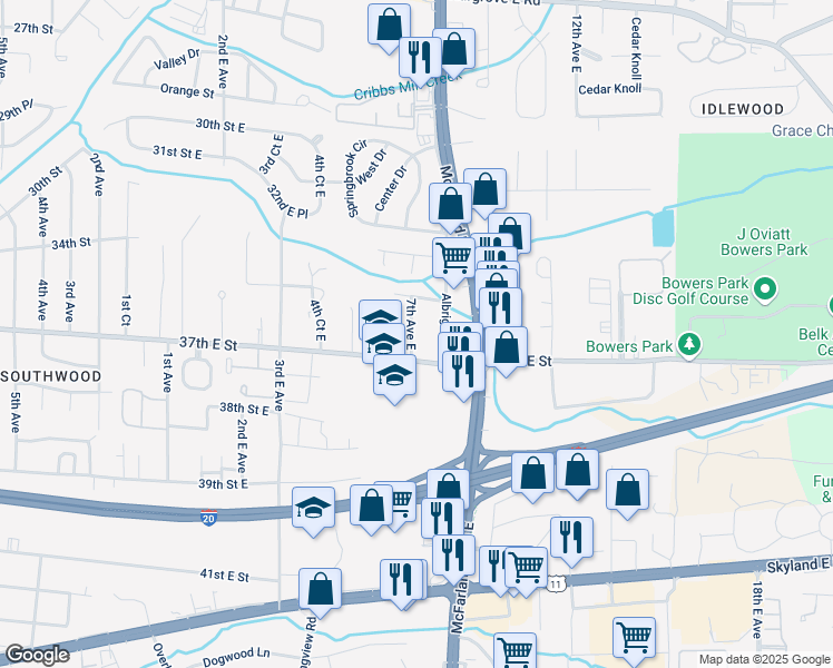 map of restaurants, bars, coffee shops, grocery stores, and more near 3613 7th Avenue East in Tuscaloosa