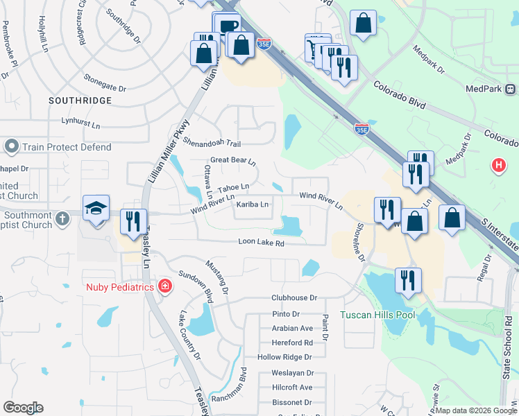 map of restaurants, bars, coffee shops, grocery stores, and more near 2516 Champlain Lane in Denton