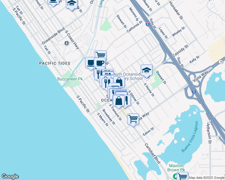 map of restaurants, bars, coffee shops, grocery stores, and more near 1738 South Tremont Street in Oceanside