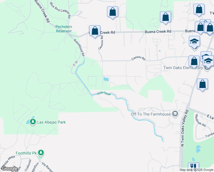 map of restaurants, bars, coffee shops, grocery stores, and more near 1947 Robinhood Road in Vista