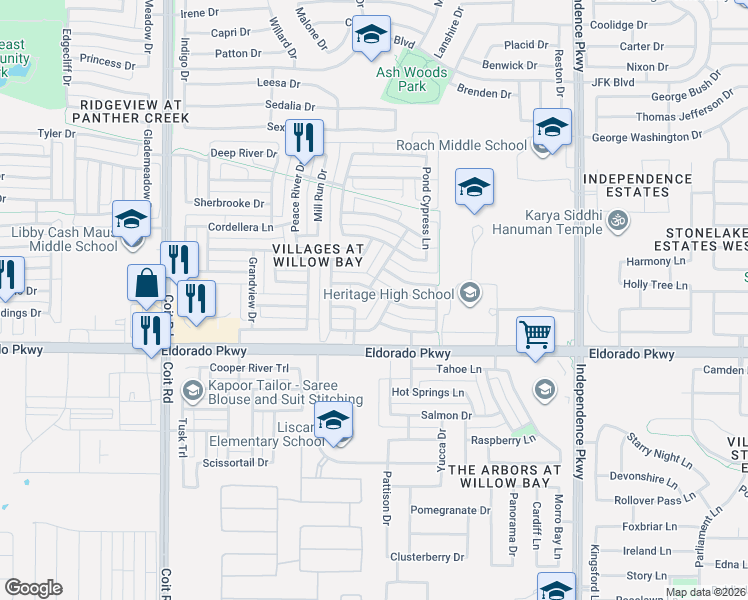 map of restaurants, bars, coffee shops, grocery stores, and more near 13472 Deercreek Trail in Frisco