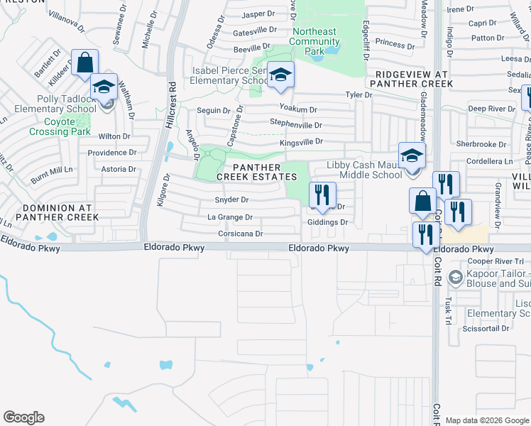 map of restaurants, bars, coffee shops, grocery stores, and more near 11538 Corsicana Drive in Frisco