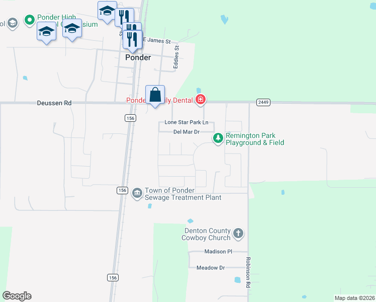 map of restaurants, bars, coffee shops, grocery stores, and more near 327 Preakness Lane in Ponder