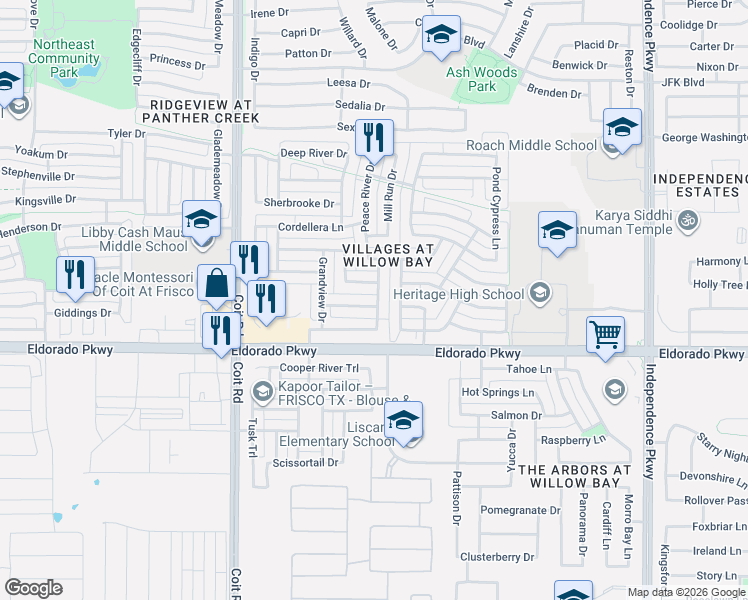 map of restaurants, bars, coffee shops, grocery stores, and more near 13294 Scotch Pine Drive in Frisco