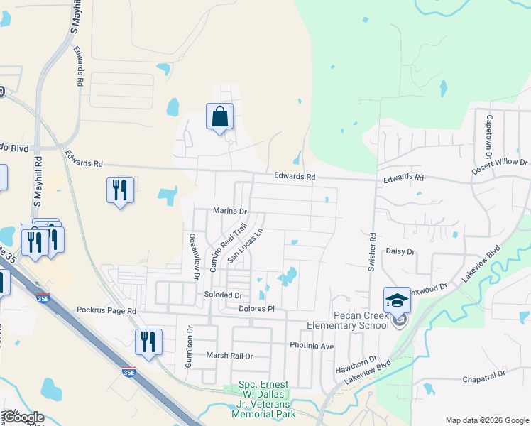 map of restaurants, bars, coffee shops, grocery stores, and more near Marina Drive in Denton