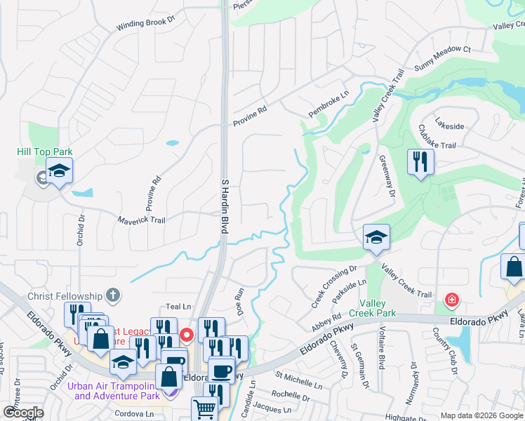 map of restaurants, bars, coffee shops, grocery stores, and more near 2201 Woodbridge Drive in McKinney