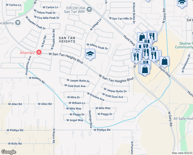 map of restaurants, bars, coffee shops, grocery stores, and more near 2518 West Goldmine Mountain Drive in Queen Creek