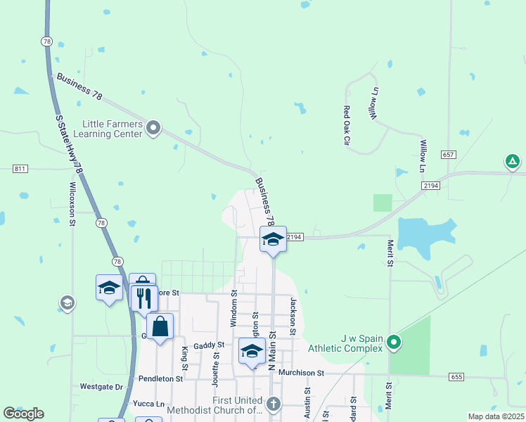 map of restaurants, bars, coffee shops, grocery stores, and more near 983 Main Street in Farmersville