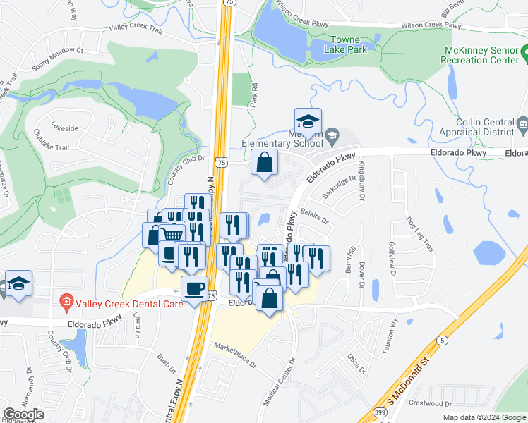 map of restaurants, bars, coffee shops, grocery stores, and more near 1400 Eldorado Parkway in McKinney