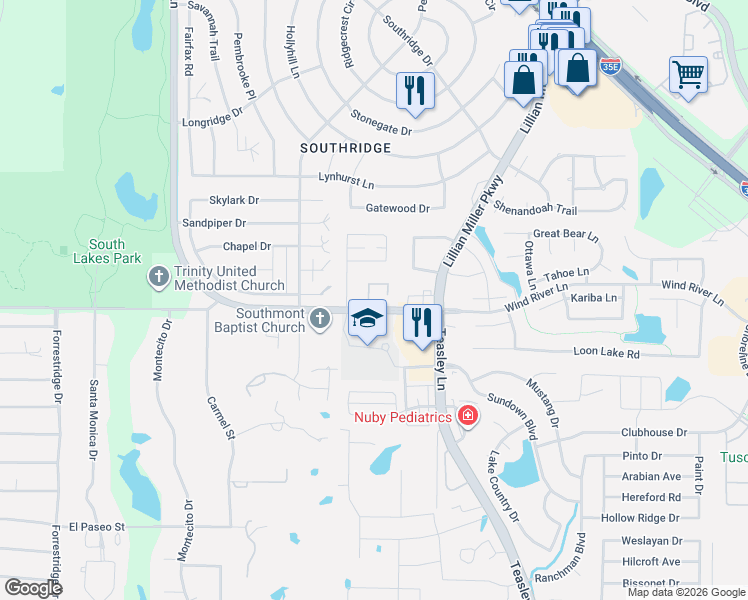 map of restaurants, bars, coffee shops, grocery stores, and more near 1012 Ellison Park Circle in Denton