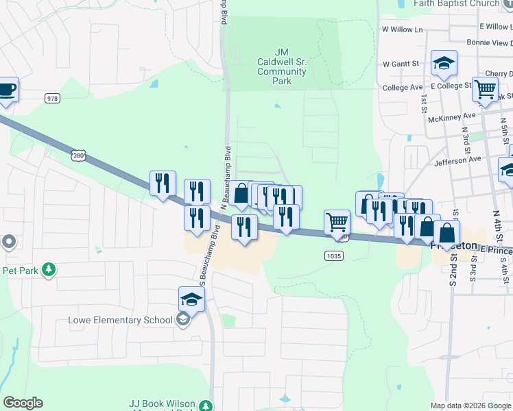 map of restaurants, bars, coffee shops, grocery stores, and more near 707 Creekview Drive in Princeton
