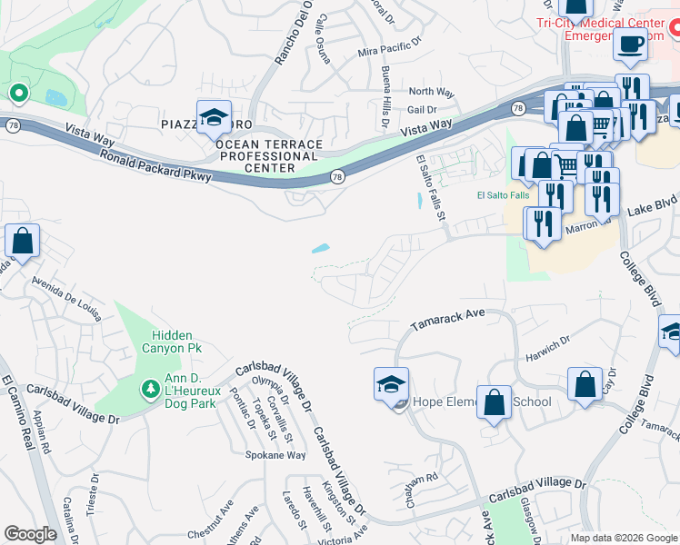 map of restaurants, bars, coffee shops, grocery stores, and more near 3034 Villeta Avenue in Carlsbad