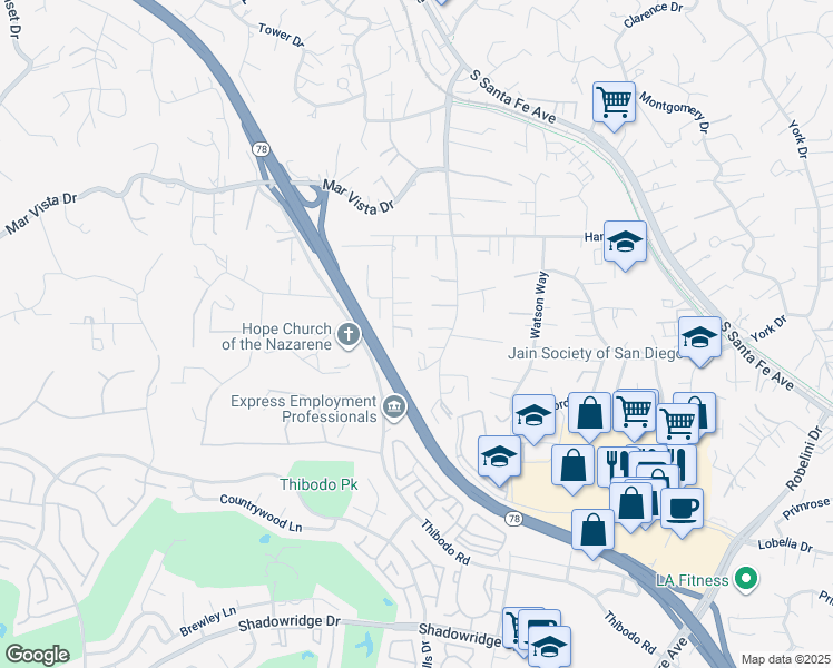 map of restaurants, bars, coffee shops, grocery stores, and more near 339 Hannalei Place in Vista