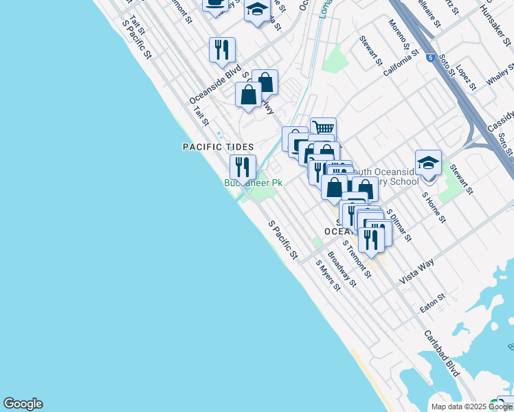 map of restaurants, bars, coffee shops, grocery stores, and more near 1601 South Pacific Street in Oceanside