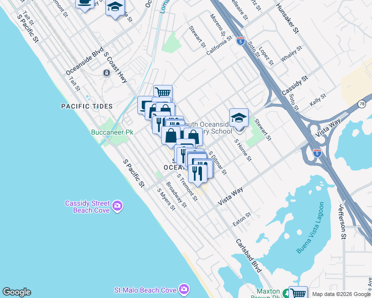 map of restaurants, bars, coffee shops, grocery stores, and more near 1718 Alvarado Street in Oceanside