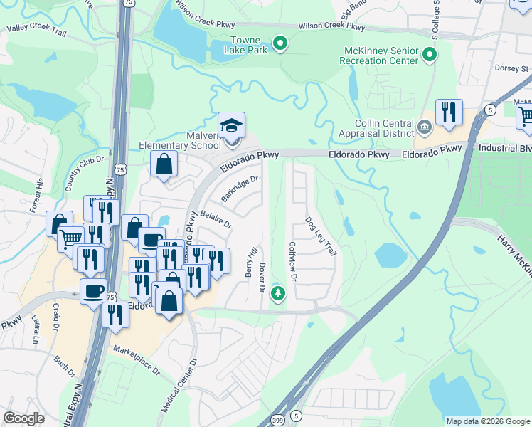 map of restaurants, bars, coffee shops, grocery stores, and more near 1000 Greenbriar Lane in McKinney