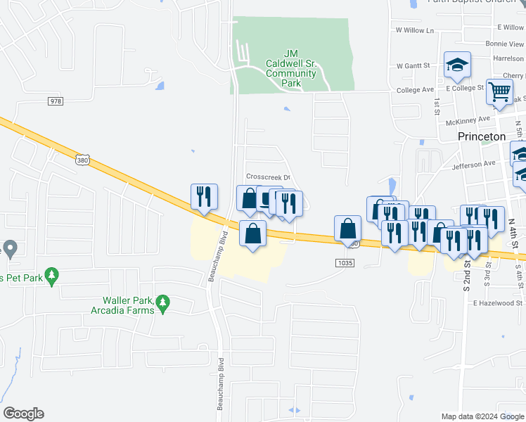 map of restaurants, bars, coffee shops, grocery stores, and more near 232 Timber Drive in Princeton