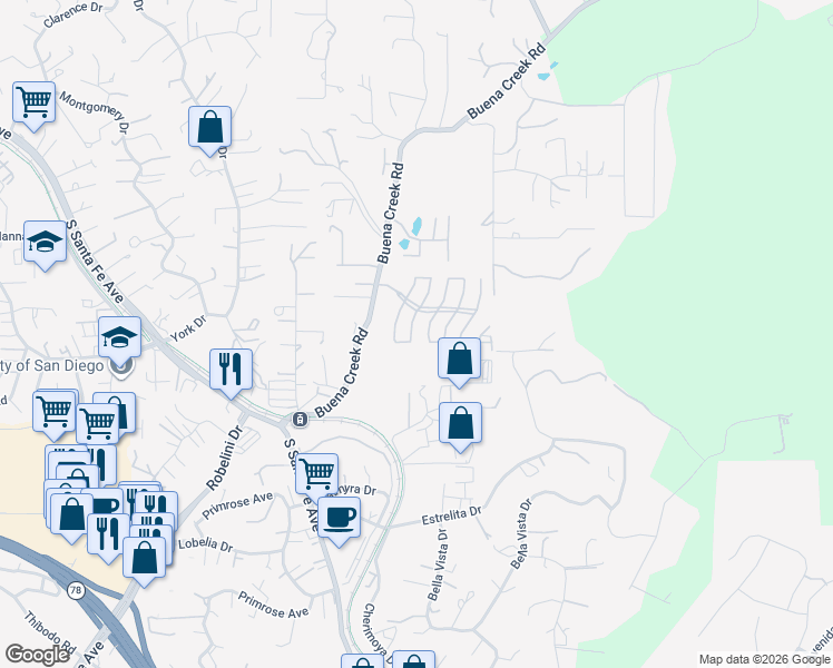 map of restaurants, bars, coffee shops, grocery stores, and more near 2132 Savona Court in Vista