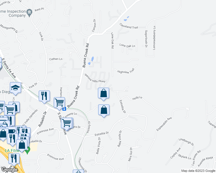 map of restaurants, bars, coffee shops, grocery stores, and more near 2173 Bolero Lane in Vista