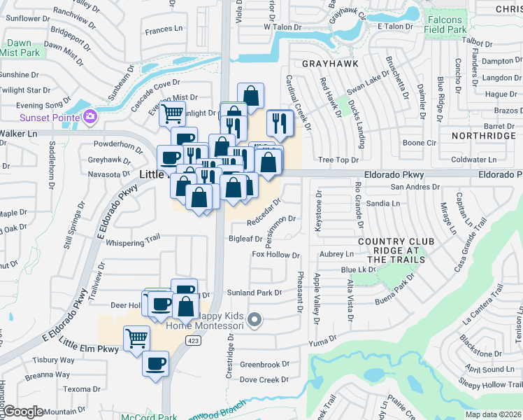 map of restaurants, bars, coffee shops, grocery stores, and more near 2649 Redcedar Drive in Little Elm