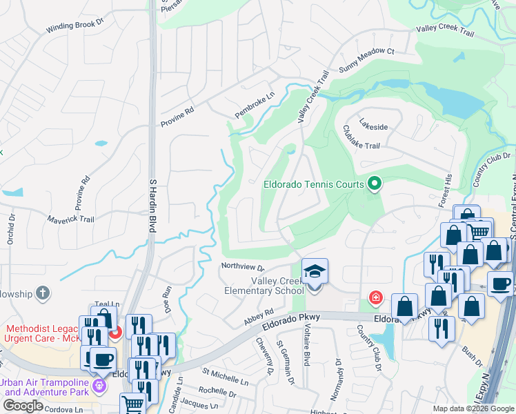 map of restaurants, bars, coffee shops, grocery stores, and more near 2915 Sunset Ridge in McKinney