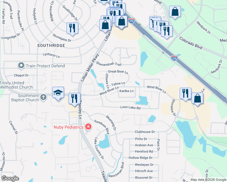 map of restaurants, bars, coffee shops, grocery stores, and more near 2308 Tahoe Lane in Denton