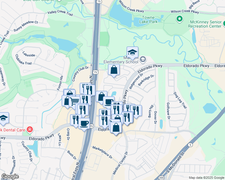 map of restaurants, bars, coffee shops, grocery stores, and more near 1400 Eldorado Parkway in McKinney