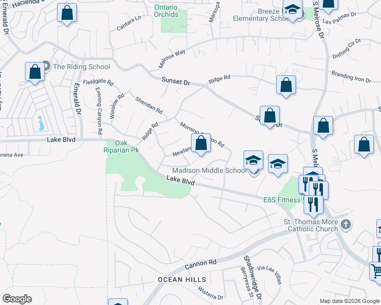 map of restaurants, bars, coffee shops, grocery stores, and more near 3575 Newland Road in Oceanside