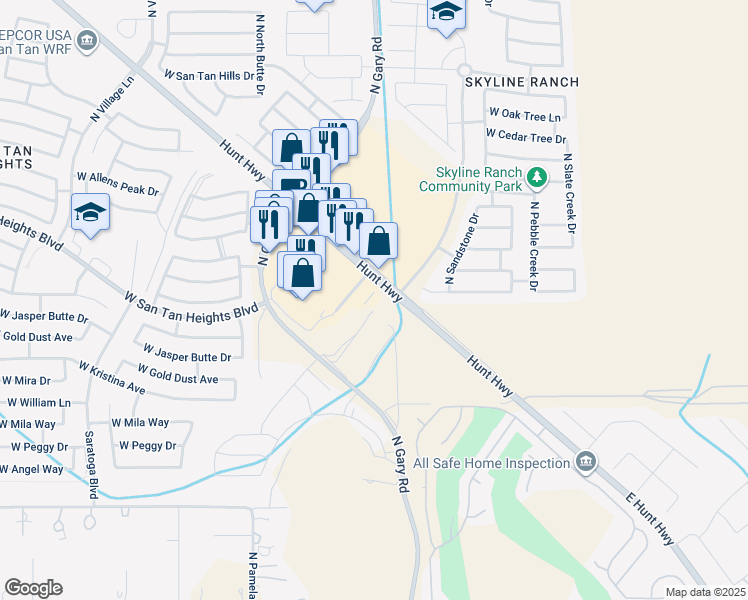 map of restaurants, bars, coffee shops, grocery stores, and more near 1395 West Hunt Highway in Queen Creek