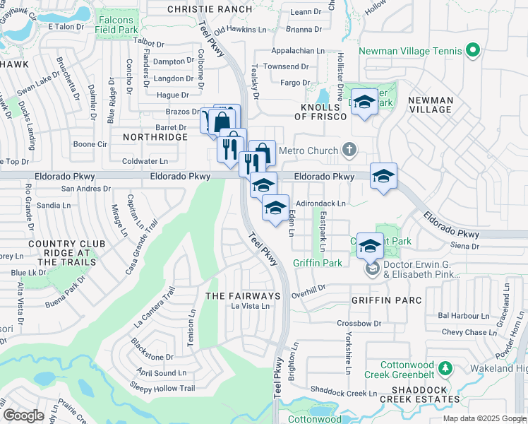 map of restaurants, bars, coffee shops, grocery stores, and more near 11880 Teel Parkway in Frisco